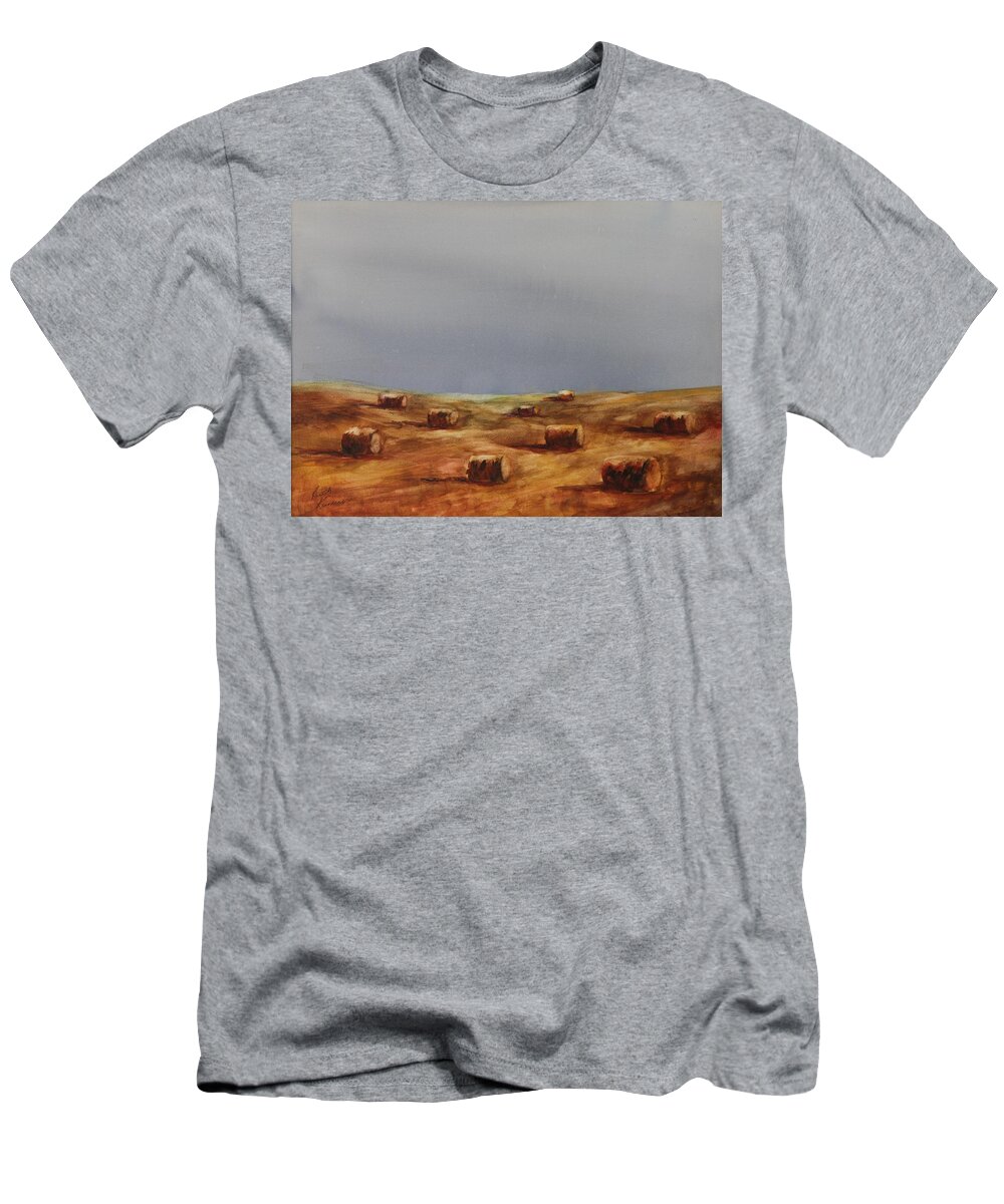 Bales T-Shirt featuring the painting Hayfield by Ruth Kamenev
