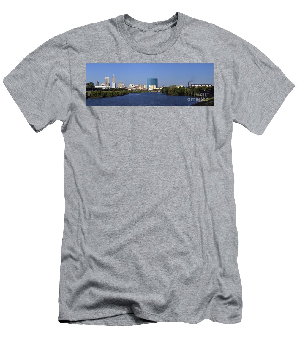 Indianapolis; Panorama; Pano; Indiana; Skyline; City; Capital; Urban; White; River; State; Park; Skyscraper; Architecture; Lucas; Oil; Stadium; Water; Blue Sky; Summer; Mariott; Hotel; Midwest; Midwestern; Marion County; United; States; Of; North; America; American; Usa T-Shirt featuring the photograph Indianapolis - D007990 by Daniel Dempster