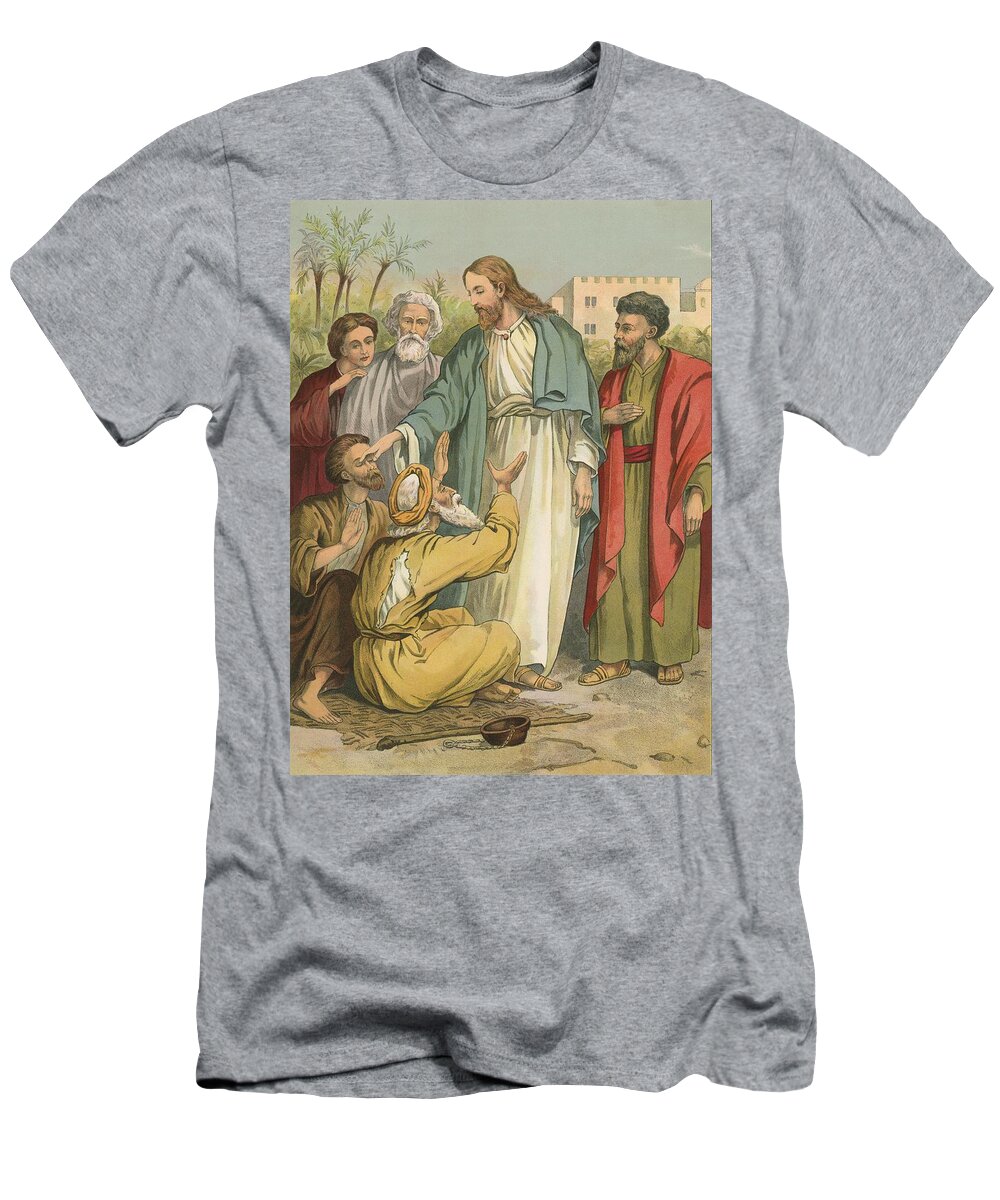 Bible; Children's; Jesus Christ; Blind Men T-Shirt featuring the painting Jesus and the Blind Men by English School