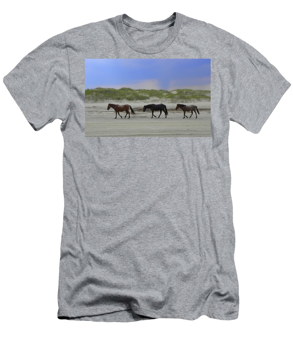 Wild Horses T-Shirt featuring the photograph Just A Little Stroll After A Roll In The Sand by Kim Galluzzo