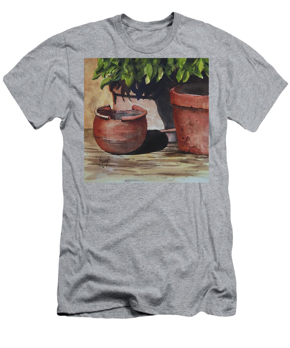 Flower T-Shirt featuring the painting Stephanie's Pots by Sam Sidders