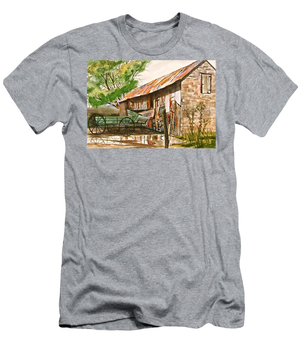 Barn T-Shirt featuring the painting Summer Shower by Frank SantAgata