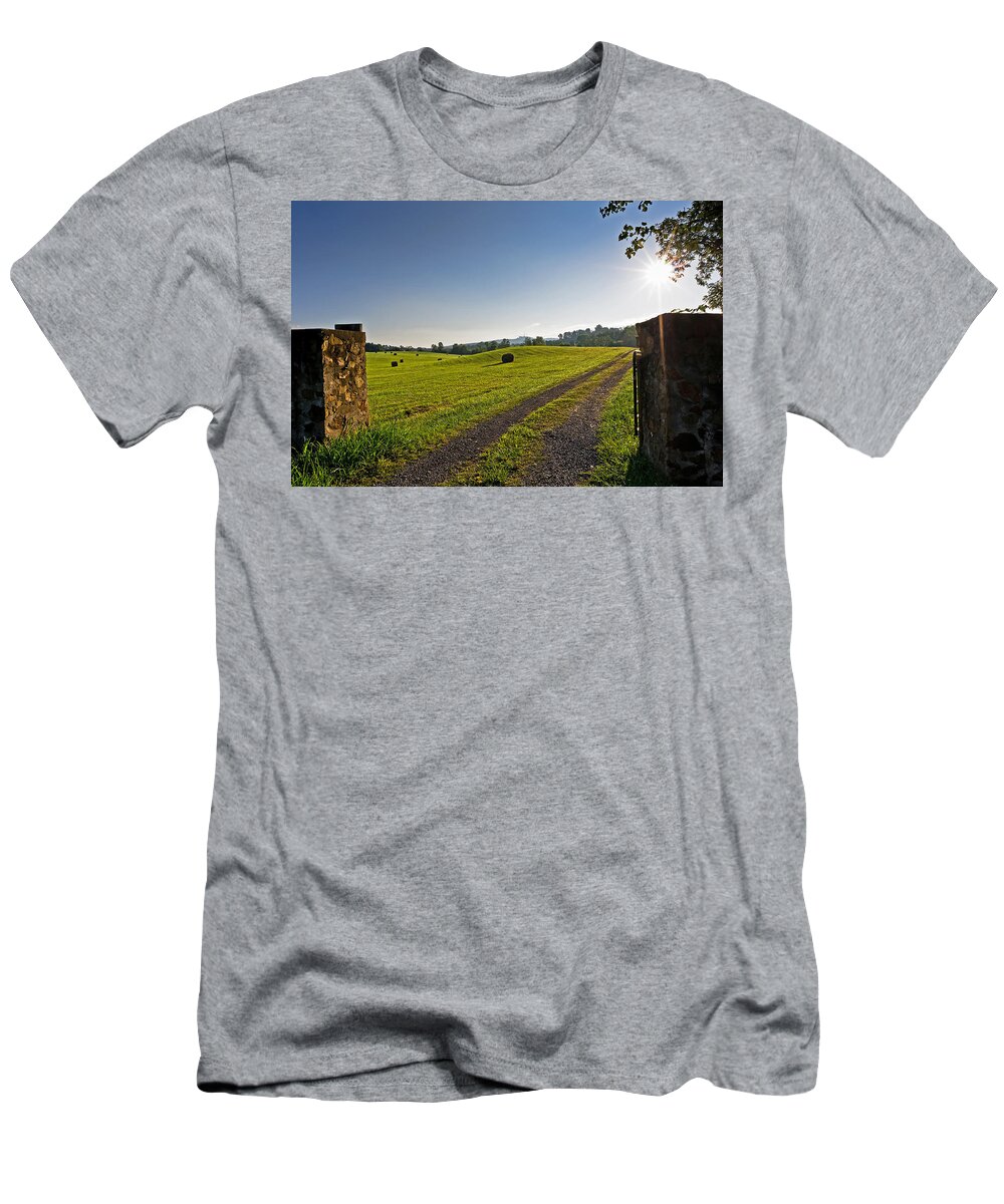 Hay T-Shirt featuring the photograph Sunrise over Hay Field by Lori Coleman