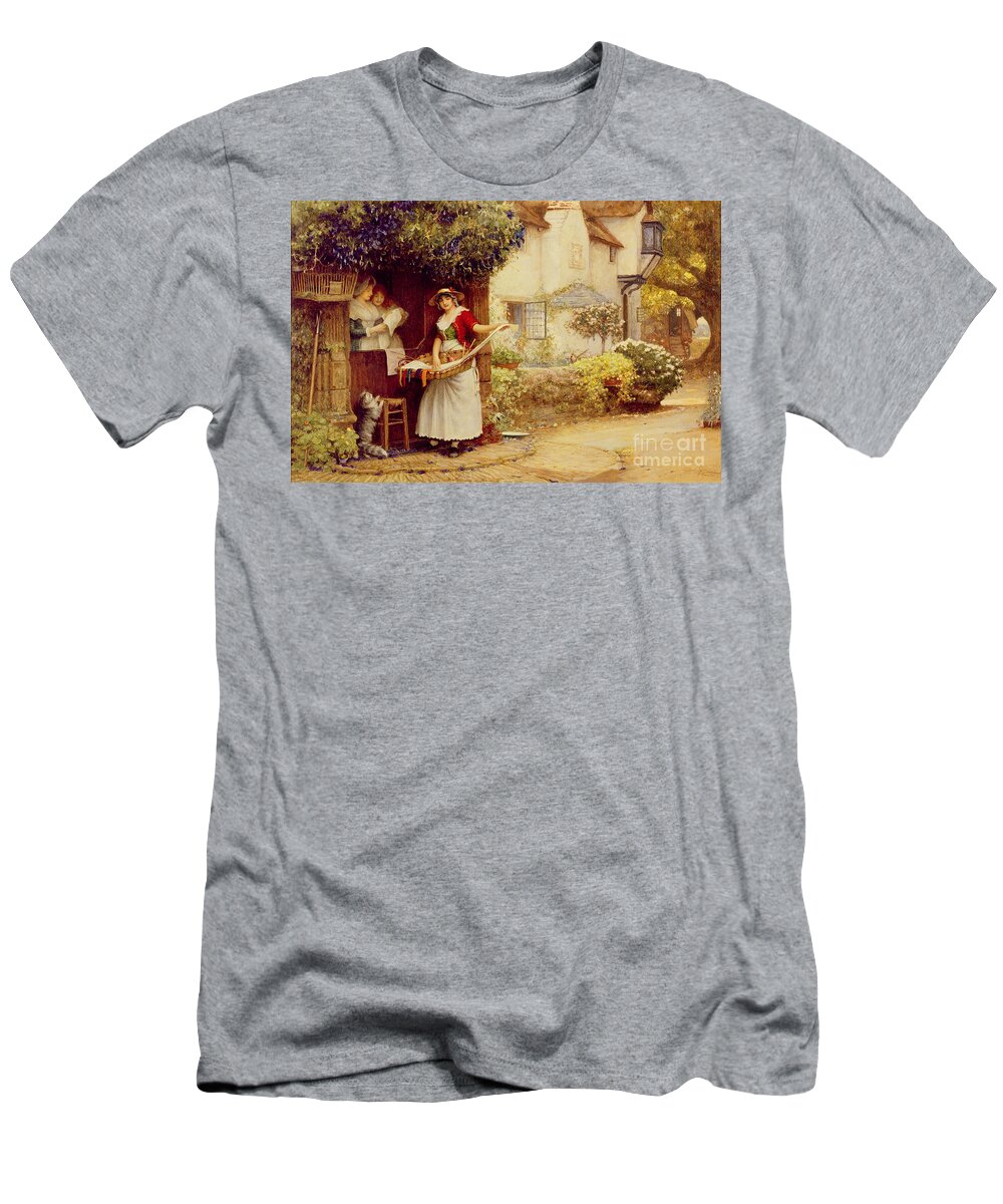 Women; Cottage; Pedlar; Wisteria; Village Life; Cat; Customer; Customers; Birdcage; Commerce; Trade; Traveller; Doorway; Victorian; Selling Songs T-Shirt featuring the painting The Ballad Seller by Robert Walker Macbeth