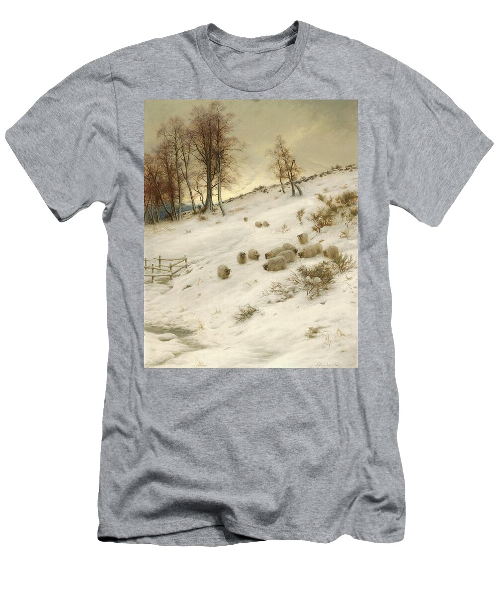 A Flock Of Sheep In A Snowstorm T-Shirt featuring the painting A Flock of Sheep in a Snowstorm #1 by Joseph