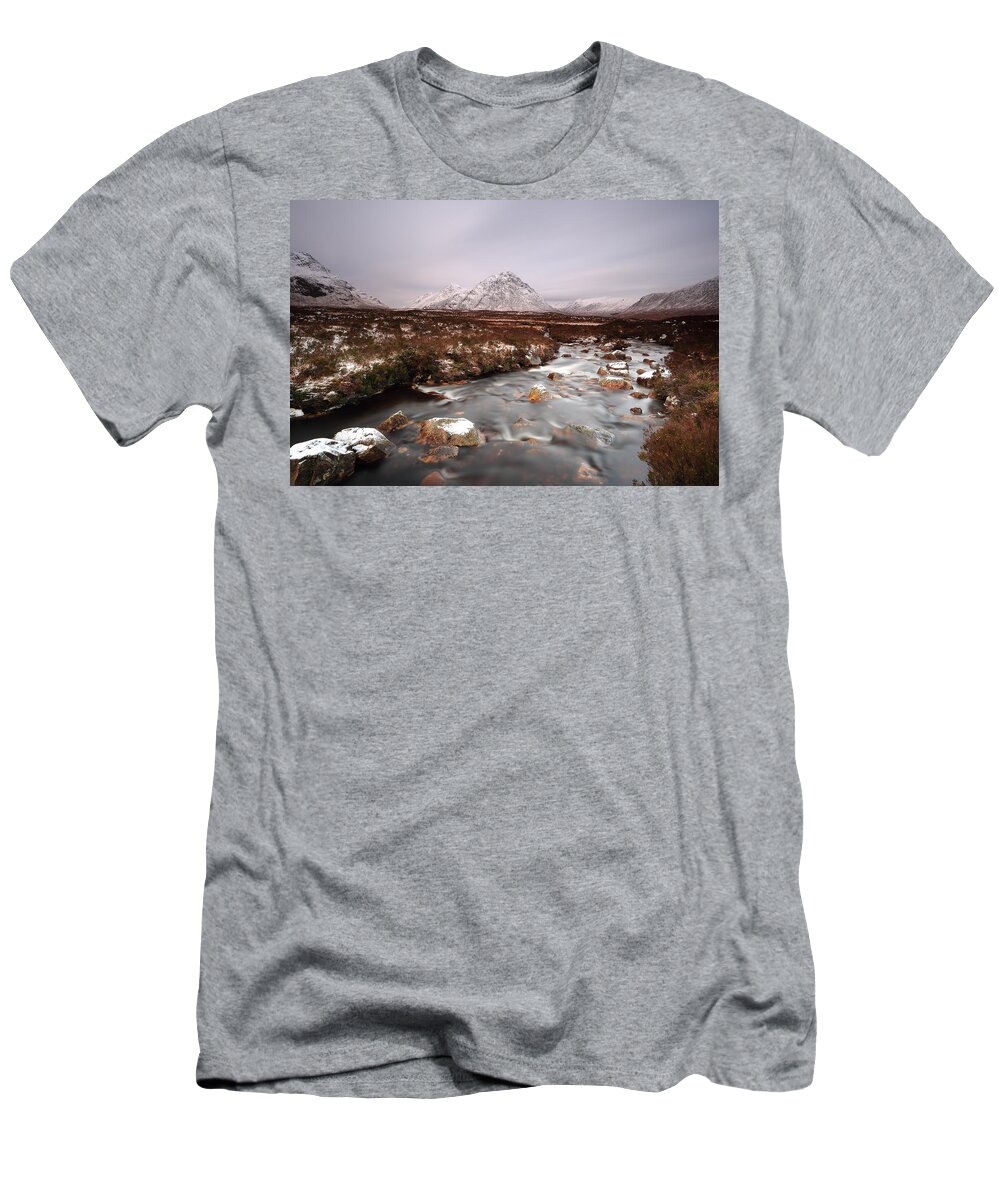 Allt Nan Giubhas T-Shirt featuring the photograph Allt nan Giubhas and the peak of Stob Dearg #1 by Maria Gaellman