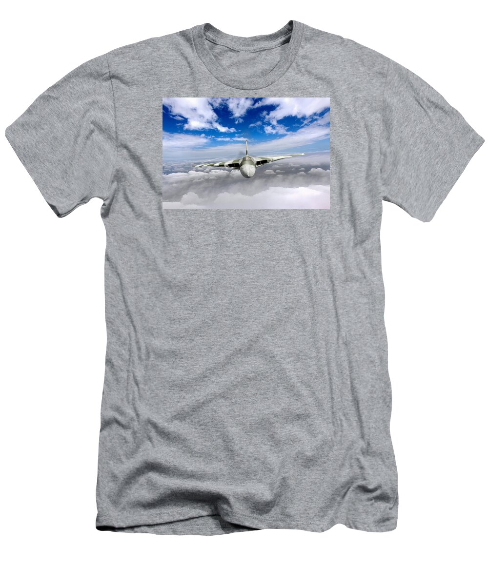 Avro Vulcan T-Shirt featuring the digital art Avro Vulcan head on above clouds #1 by Gary Eason