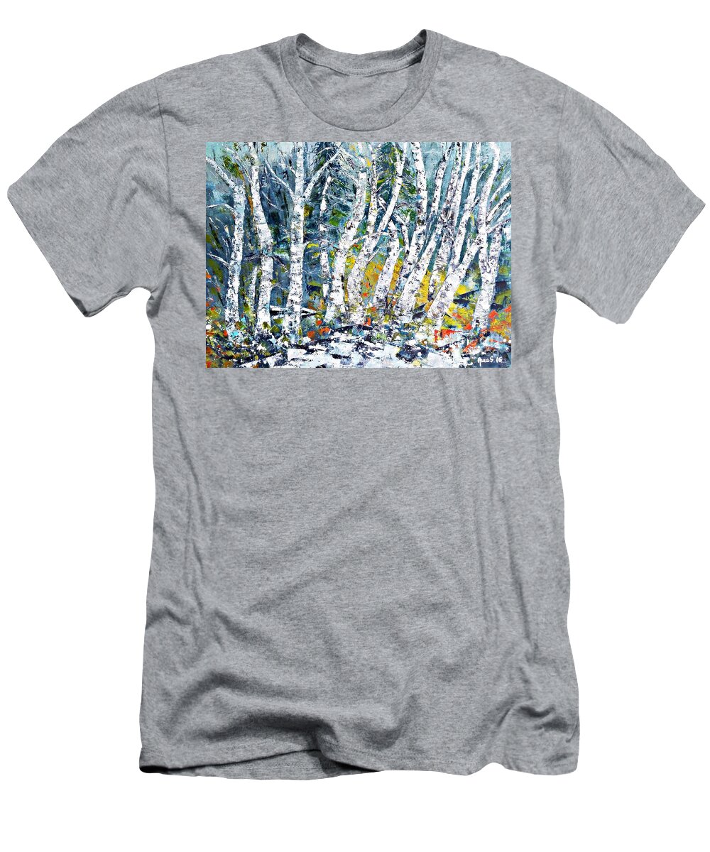 Birch T-Shirt featuring the painting Birches Pond #2 by Amalia Suruceanu