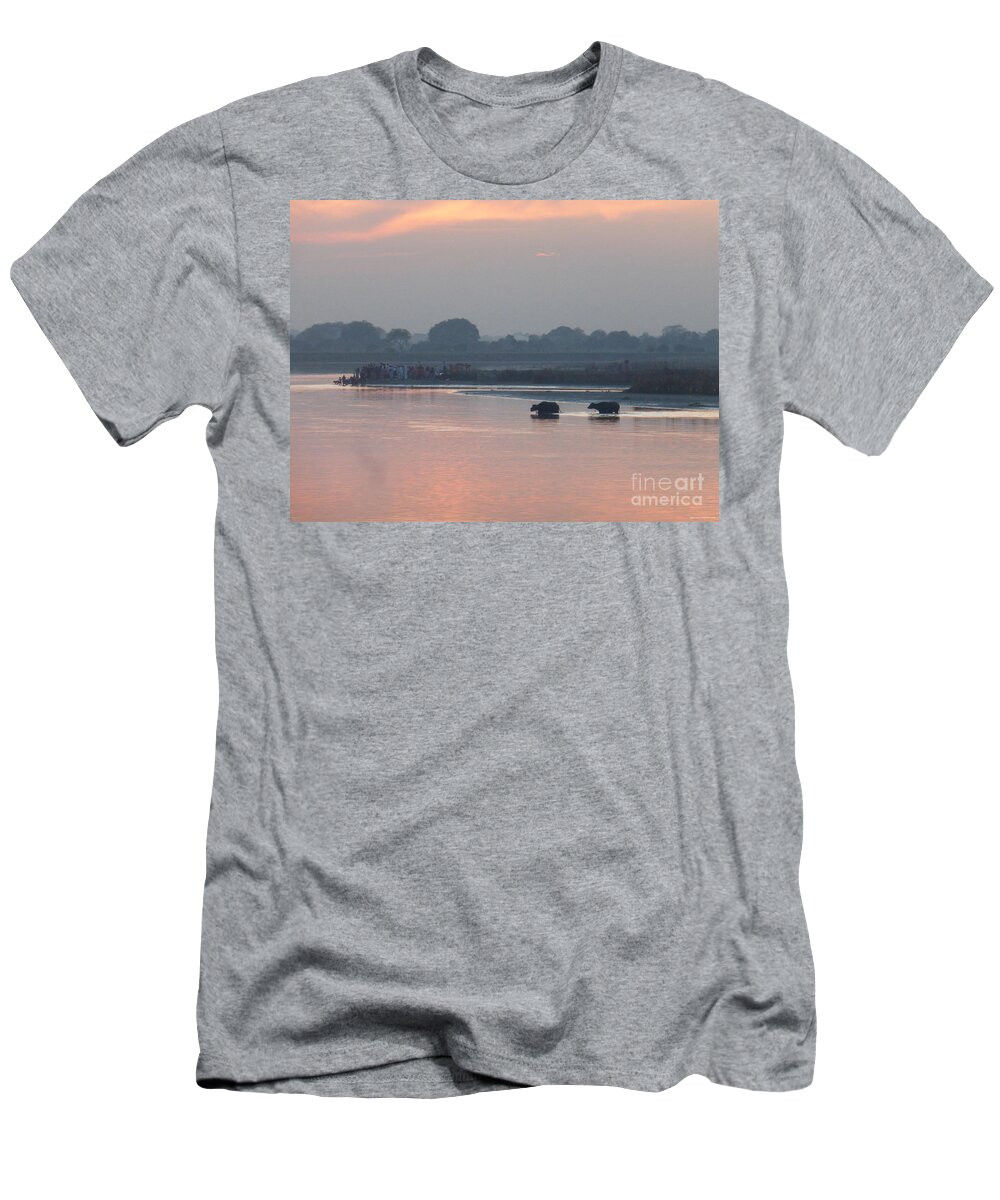 Buffalo T-Shirt featuring the photograph Buffalos crossing The Yamuna river by Jean luc Comperat