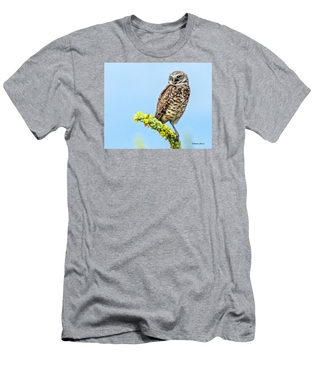 Burrowing Owl T-Shirt featuring the photograph Burrowing Owl on Mullein Plant #1 by Stephen Johnson