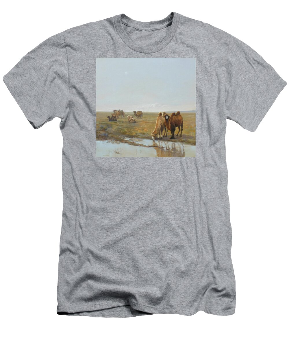 The Camel T-Shirt featuring the painting Camels along the river #2 by Chen Baoyi