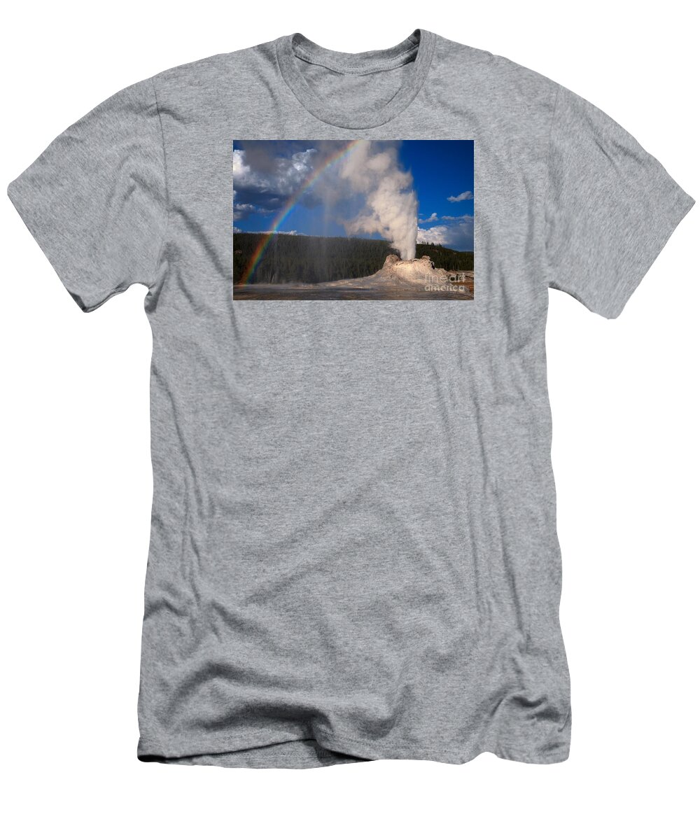 Castle Geyser T-Shirt featuring the photograph Castle Geyser Eruption Rainbow #1 by Adam Jewell