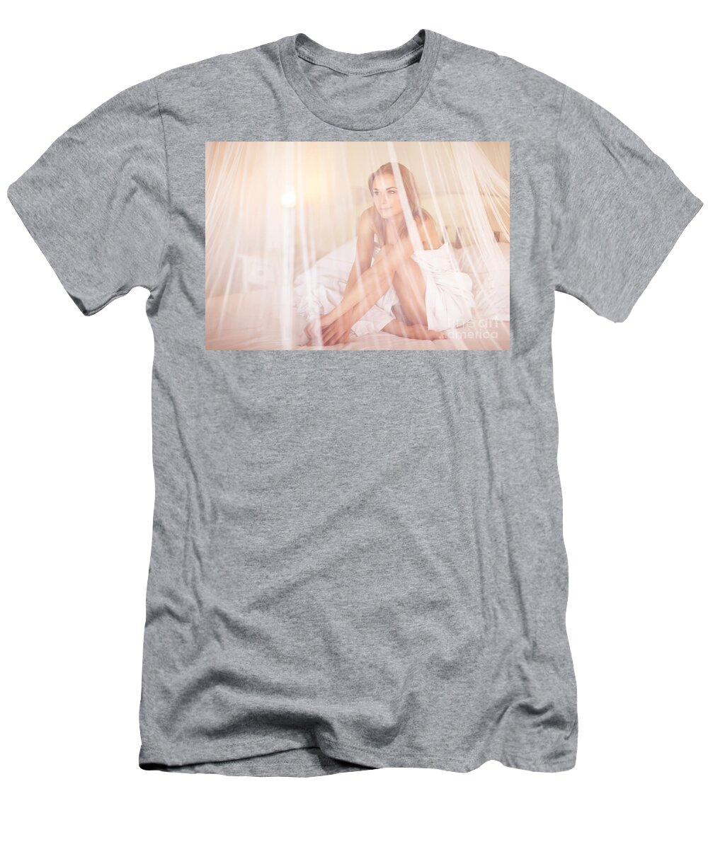 Adult T-Shirt featuring the photograph Gentle woman in the bed #1 by Anna Om