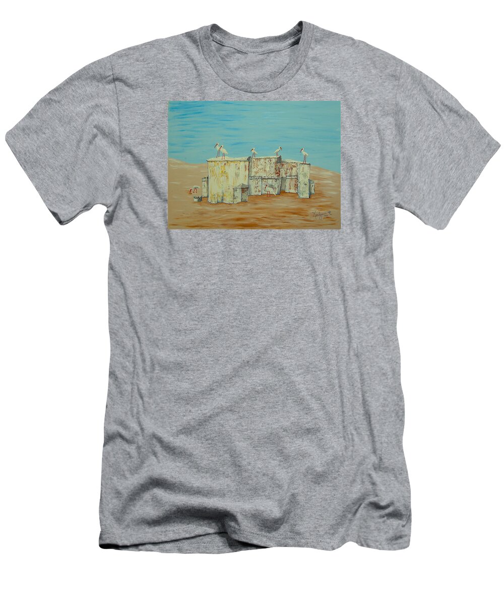 Beach T-Shirt featuring the painting Sea Birds on Old Wall by Kenlynn Schroeder