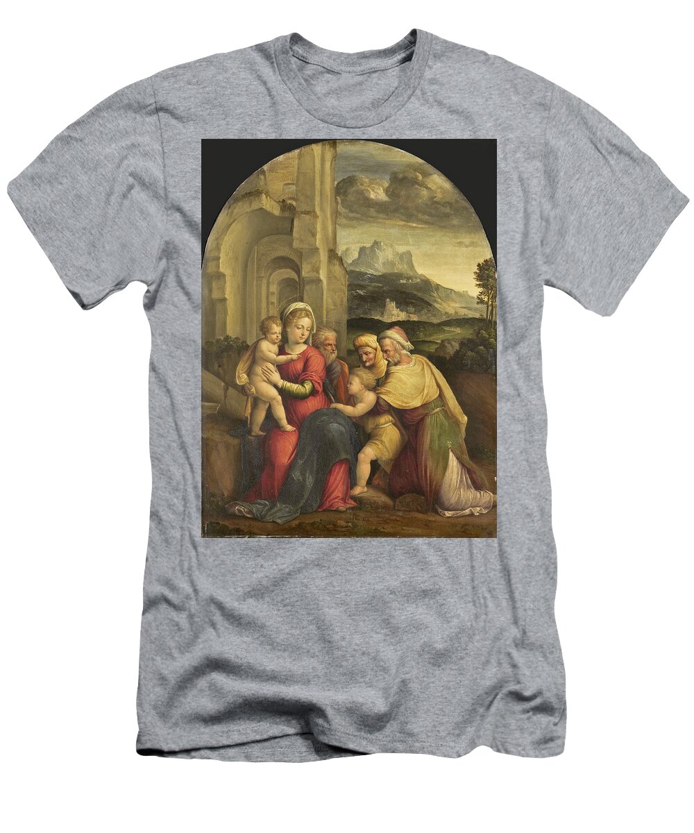 Benvenuto Tisi T-Shirt featuring the painting The Holy Family by Benvenuto Tisi