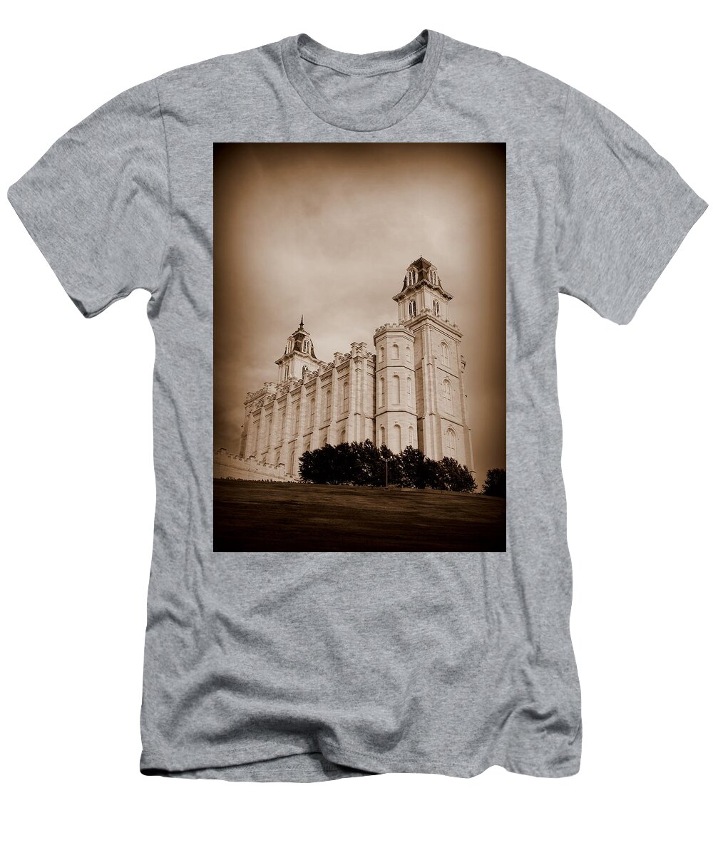 Temple T-Shirt featuring the photograph Manti Utah LDS Temple Sepia #1 by Nathan Abbott