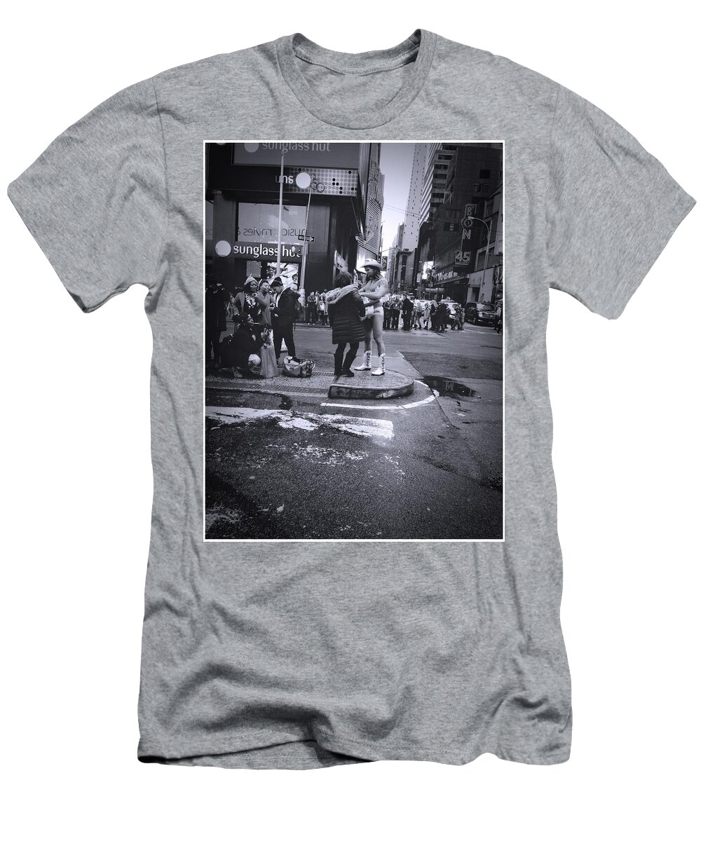 #times Square T-Shirt featuring the photograph Naked Cowboy #1 by Cornelia DeDona