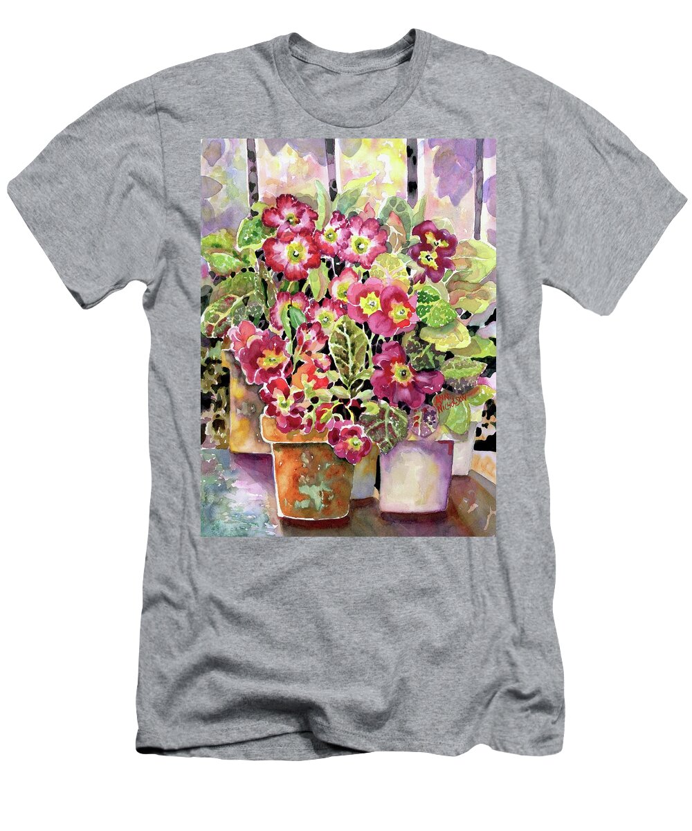 Watercolor T-Shirt featuring the painting Primroses In Pots #1 by Ann Nicholson