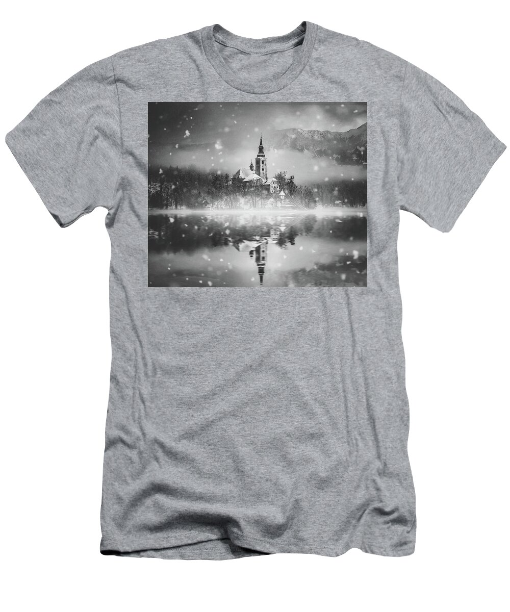 Lake Bled T-Shirt featuring the photograph Snowing Over Lake Bled #1 by Mountain Dreams