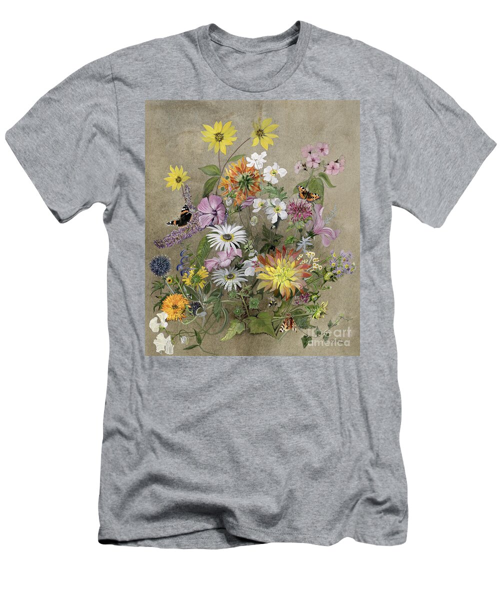 Red Admiral; Butterfly; Daisy; Sweet; Pea; Narcissus; T-Shirt featuring the painting Summer Flowers by John Gubbins
