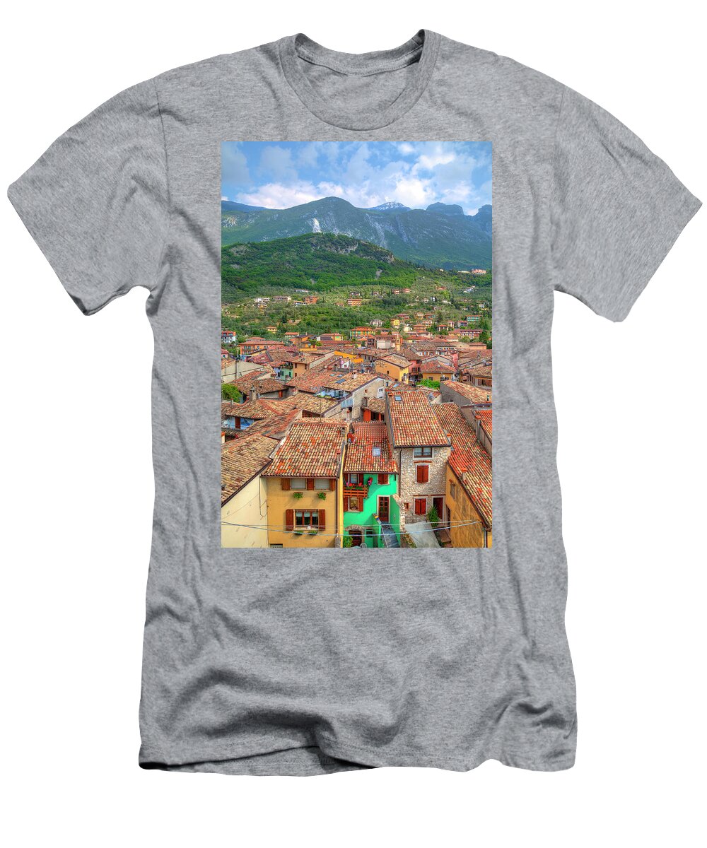 Architecture T-Shirt featuring the photograph view over the red roofs of Malcesine at the east bank of the Lake Garda #1 by Gina Koch