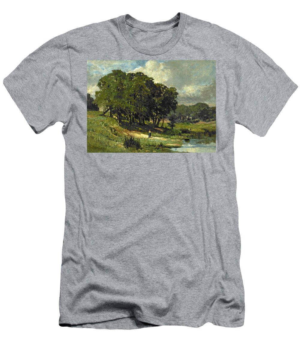 Edward Mitchell Bannister T-Shirt featuring the painting Woman Standing Near a Pond #2 by Edward Mitchell Bannister