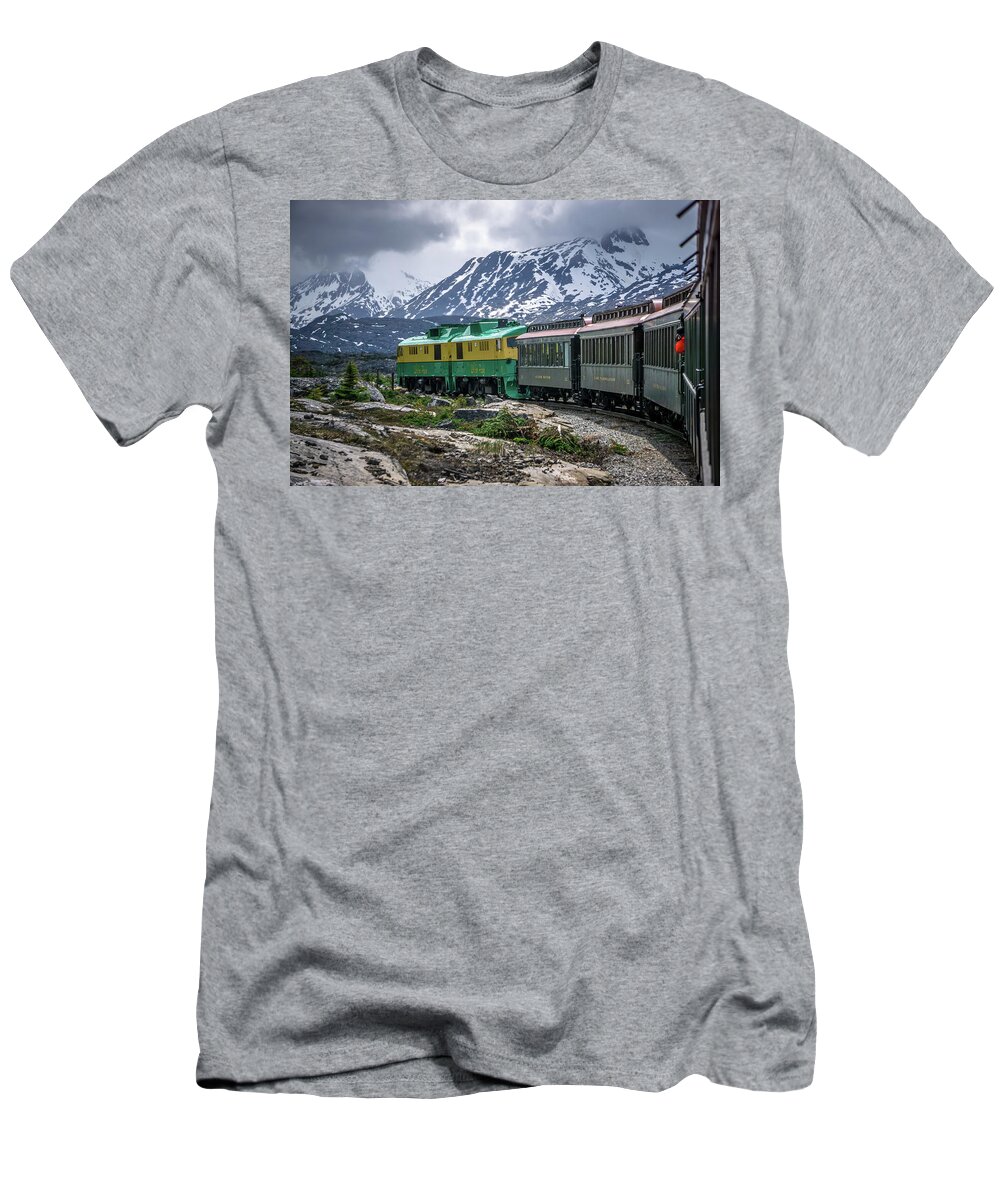 White T-Shirt featuring the photograph Scenic train from Skagway to White Pass Alaska #10 by Alex Grichenko