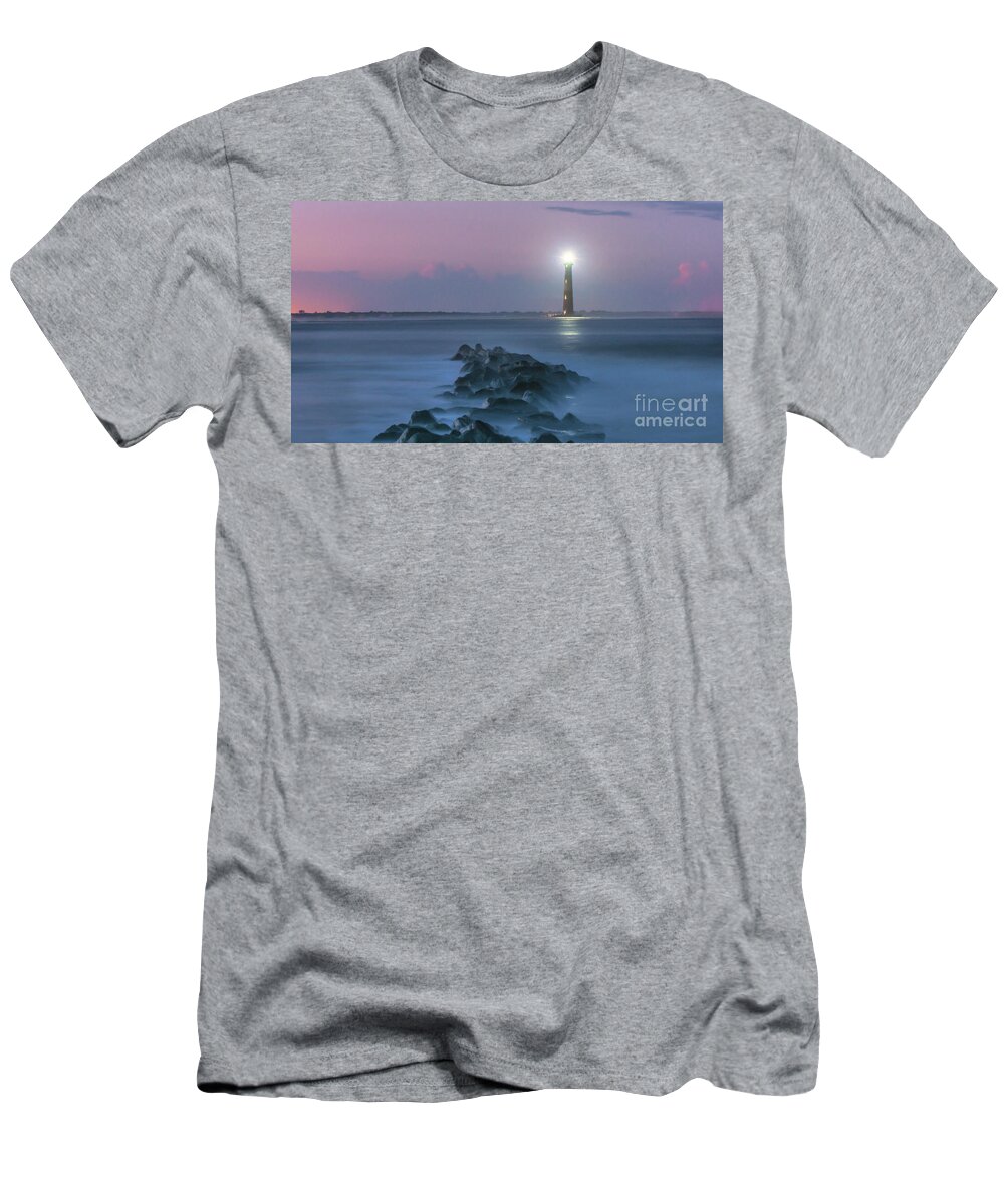 Morris Island Lighthouse T-Shirt featuring the digital art 140 Year Anniversary Lighting of Morris Island Lighthouse by Dale Powell