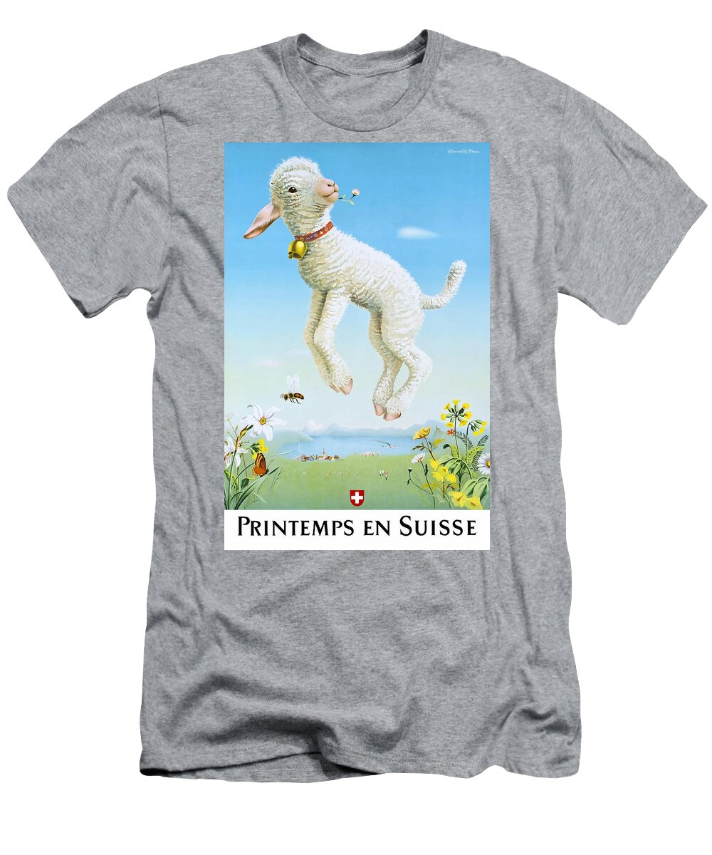 Lamb T-Shirt featuring the digital art 1945 Spring In Switzerland Travel Poster by Retro Graphics