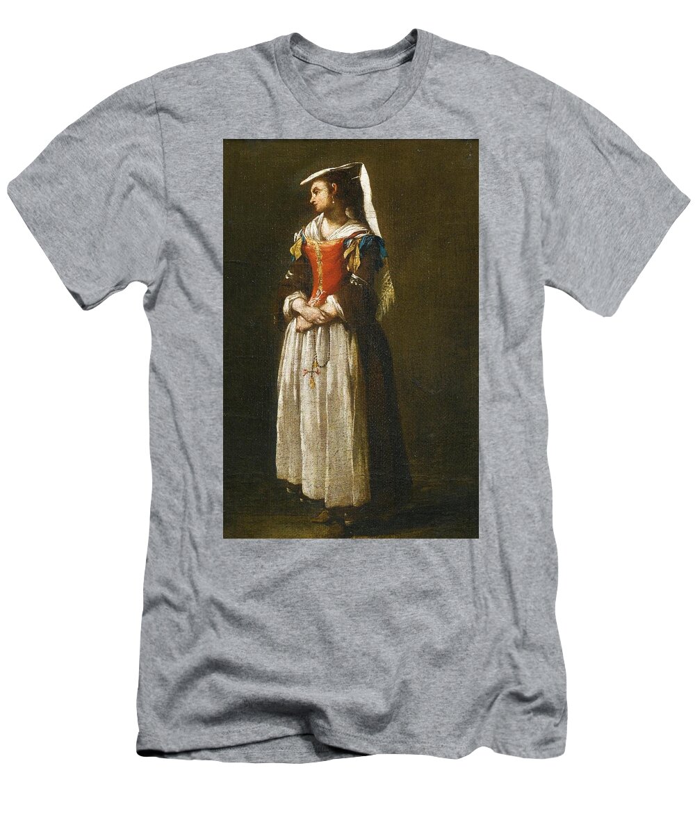 A Young Woman Dressed In Neapolitan Fashion' By Jean Barbault T-Shirt featuring the painting A Young Woman Dressed in Neapolitan Fashion by MotionAge Designs