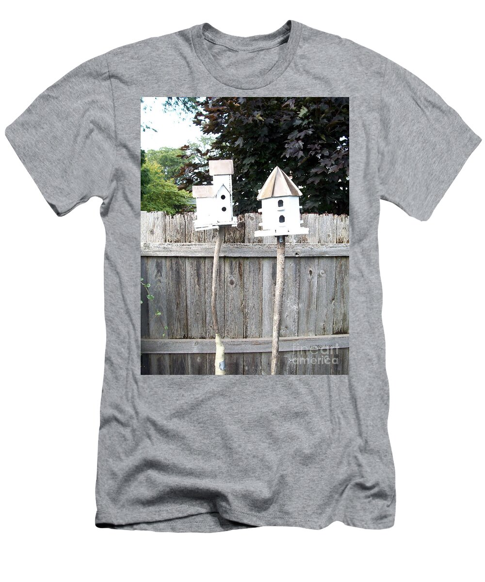 Birds T-Shirt featuring the photograph 2 Bird Houses And A Fence by Walter Neal