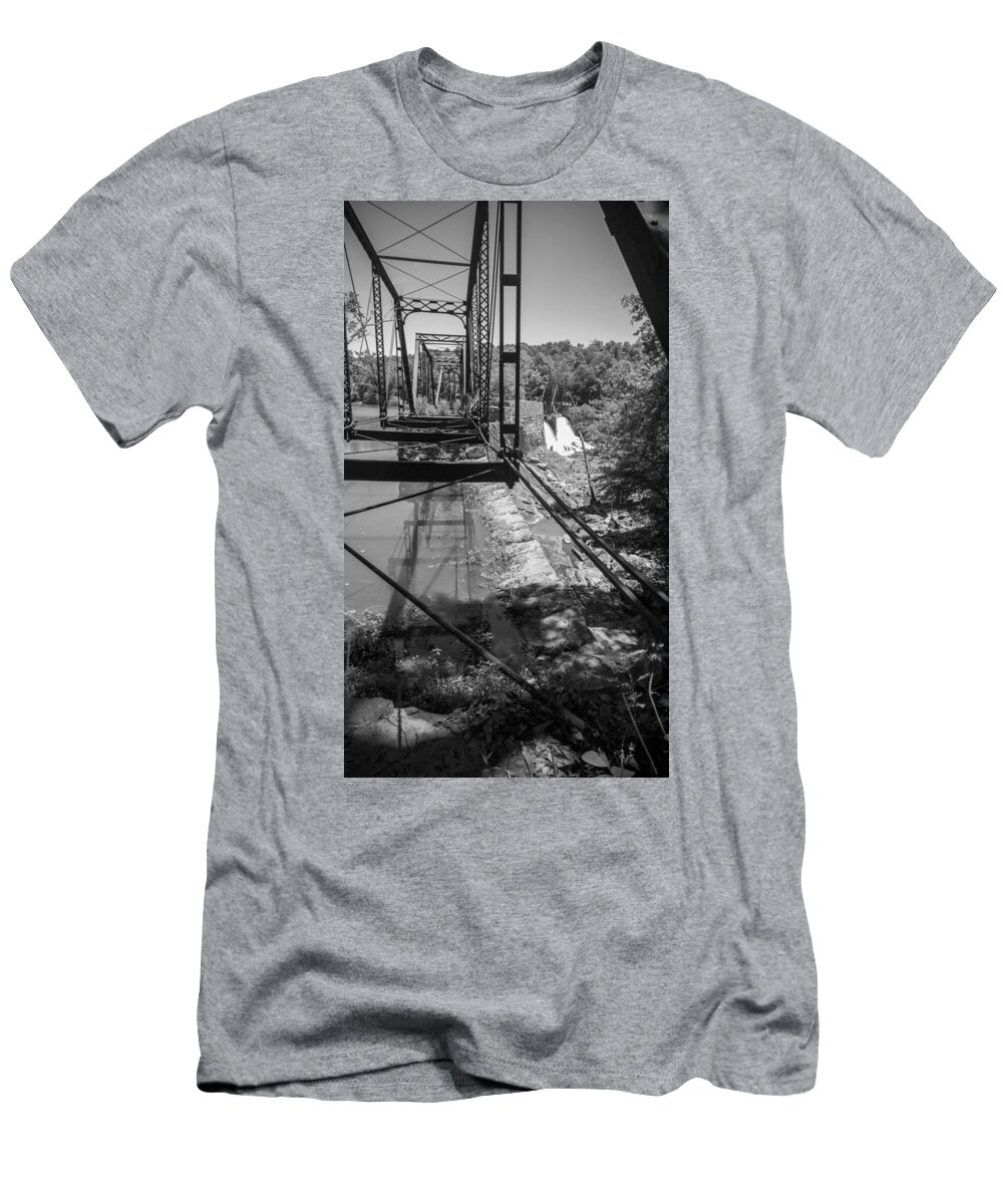 Kelly Hazel T-Shirt featuring the photograph Ghost Bridge in Black and White #2 by Kelly Hazel