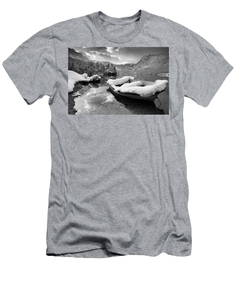 Bohinj T-Shirt featuring the photograph Snow covered boat on Lake Bohinj in Winter #2 by Ian Middleton