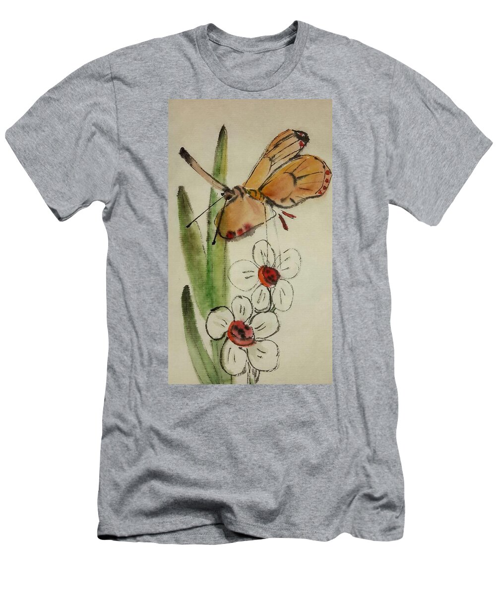 Butterfly. Blossums T-Shirt featuring the painting Bugs and blooms album #4 by Debbi Saccomanno Chan