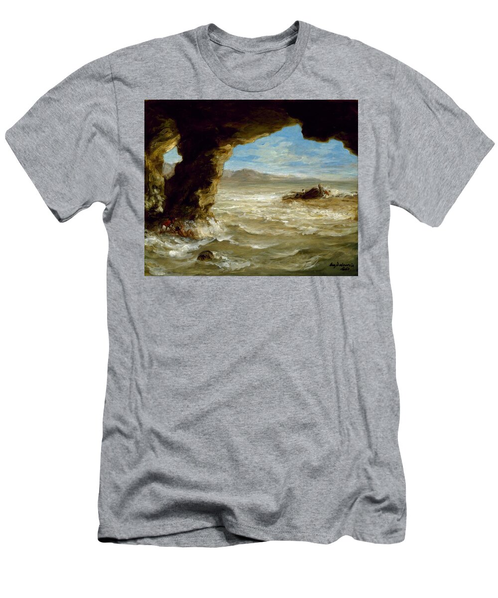 Shipwreck T-Shirt featuring the painting Shipwreck on the Coast #5 by Eugene Delacroix