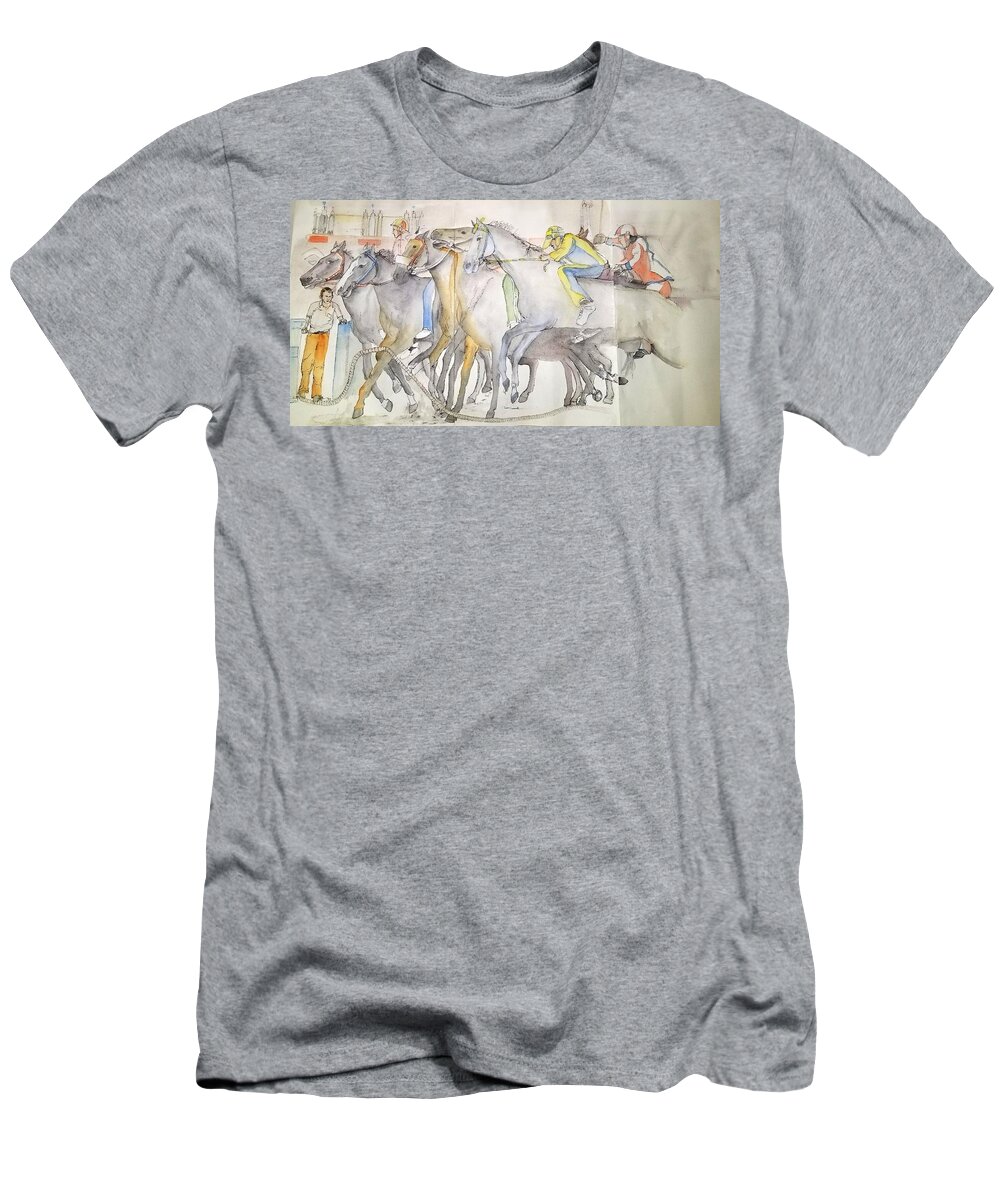 Il Palio. Siena. Italy. Horse Race. Event. Medieval. T-Shirt featuring the painting Il Palio vita album #9 by Debbi Saccomanno Chan