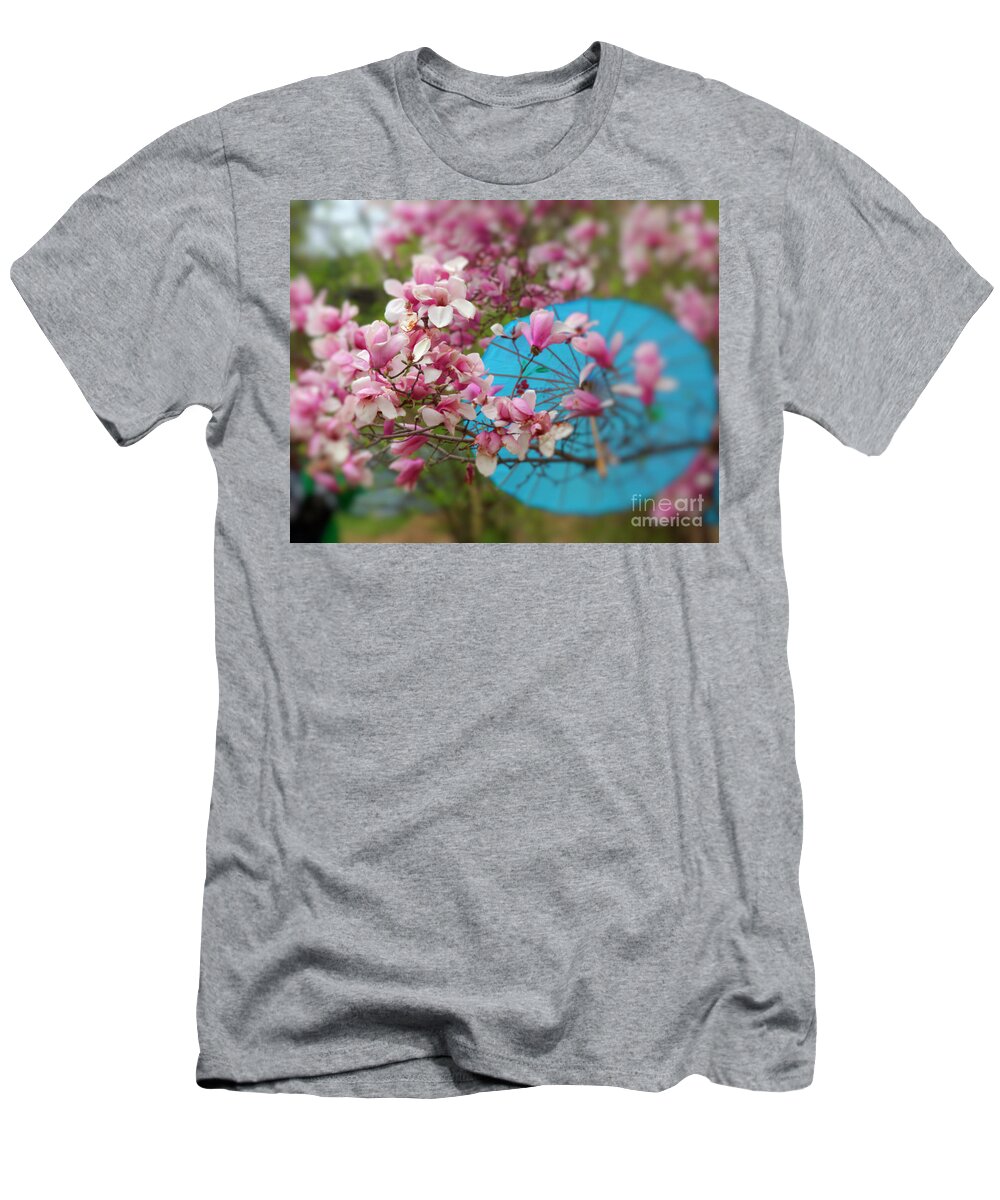 Cherry Blossom Festival T-Shirt featuring the photograph A blue umbrella by Agnes Caruso