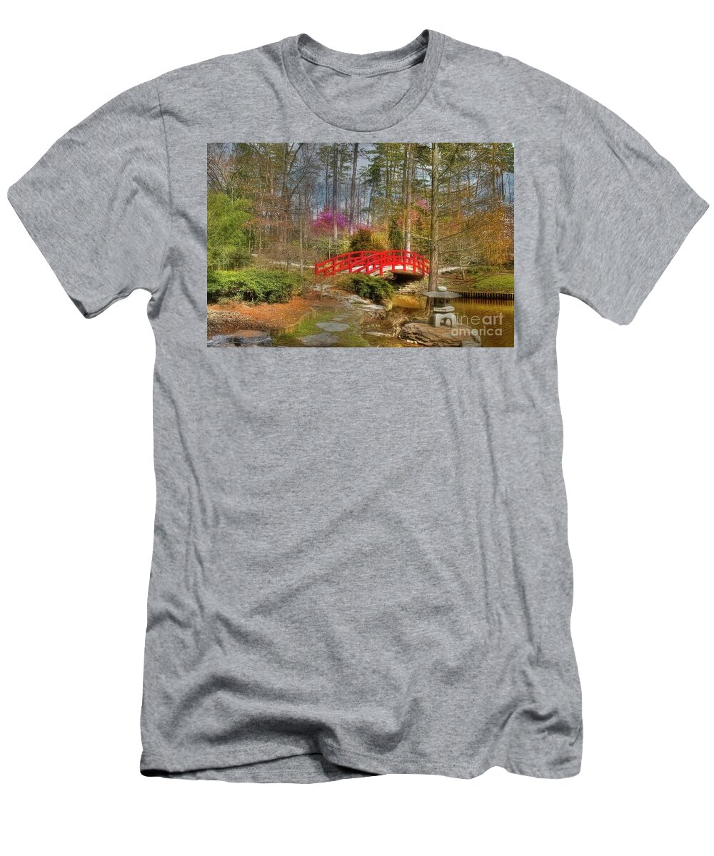 Sarah P. Duke Gardens T-Shirt featuring the photograph A Bridge to Spring by Benanne Stiens