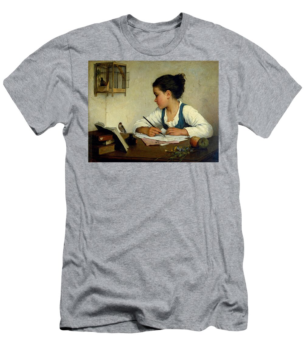 Henriette Browne T-Shirt featuring the painting A Girl Writing. The Pet Goldfinch by Henriette Browne