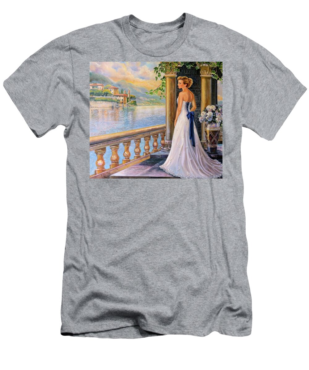 Lady On The Stairs Of A Villa T-Shirt featuring the painting A moment in thought by Regina Femrite