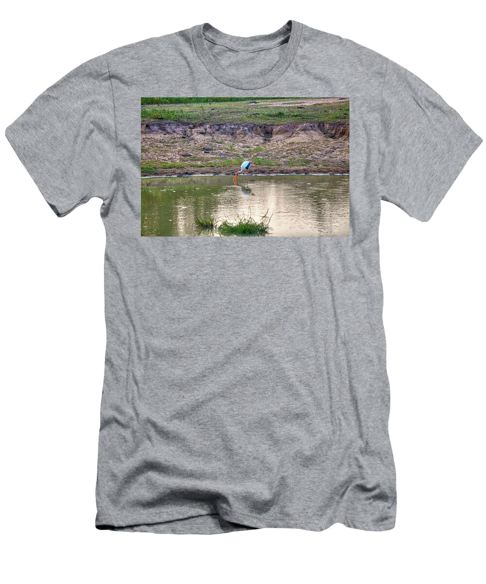Adventure T-Shirt featuring the photograph a painted stork is fishing in a pond in the Yala Nationalpark by Gina Koch
