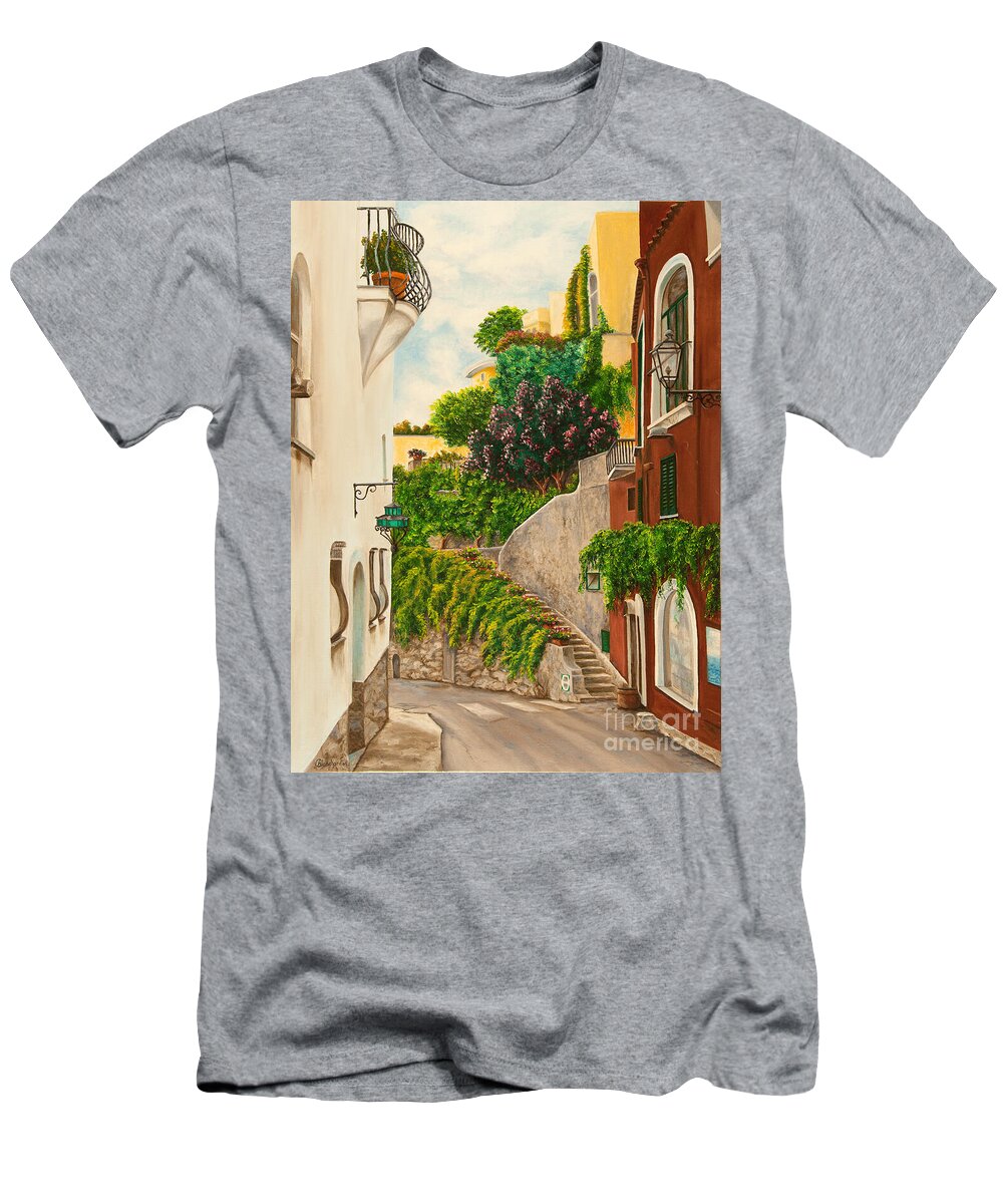 Italy Street Painting T-Shirt featuring the painting A Street in Positano by Charlotte Blanchard