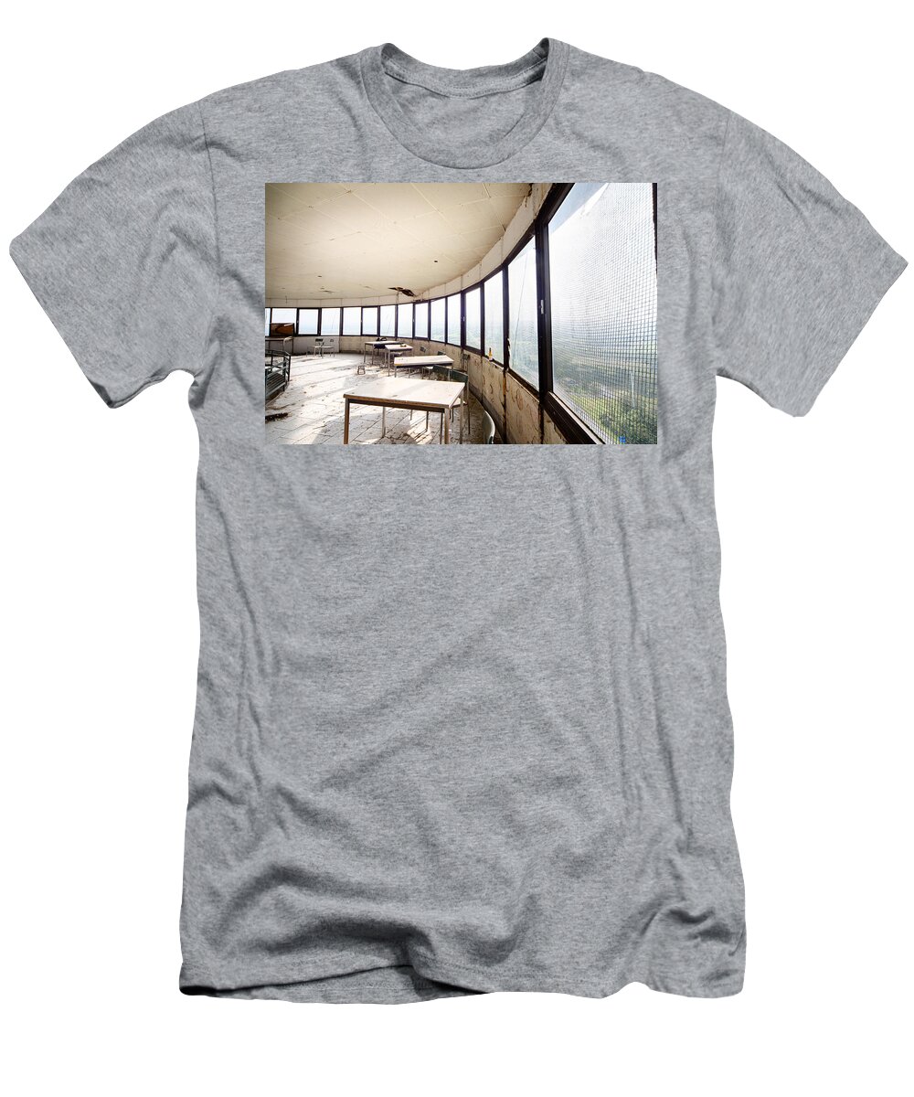 Abandoned Building T-Shirt featuring the photograph Abandoned tower restaurant - Urban decay by Dirk Ercken