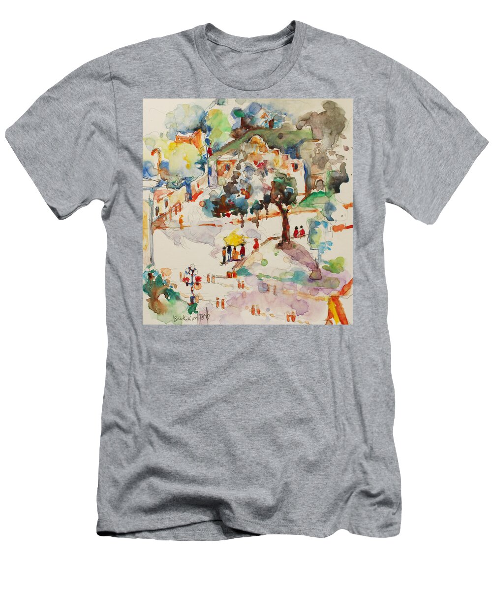 Watercolor T-Shirt featuring the painting Alamo from hotel Window by Becky Kim
