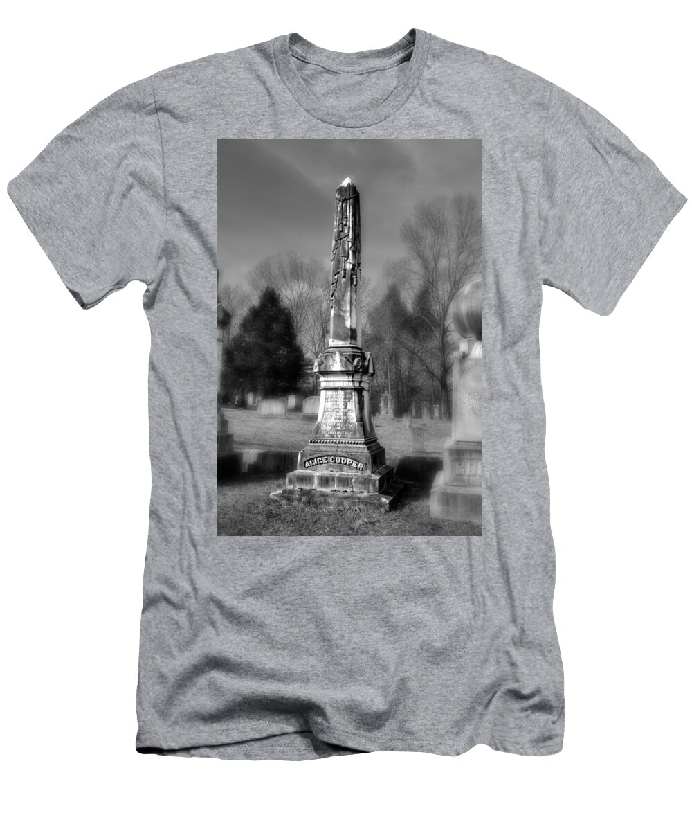 Alice Cooper T-Shirt featuring the photograph Alice Cooper Grave in Black and White by Greg and Chrystal Mimbs