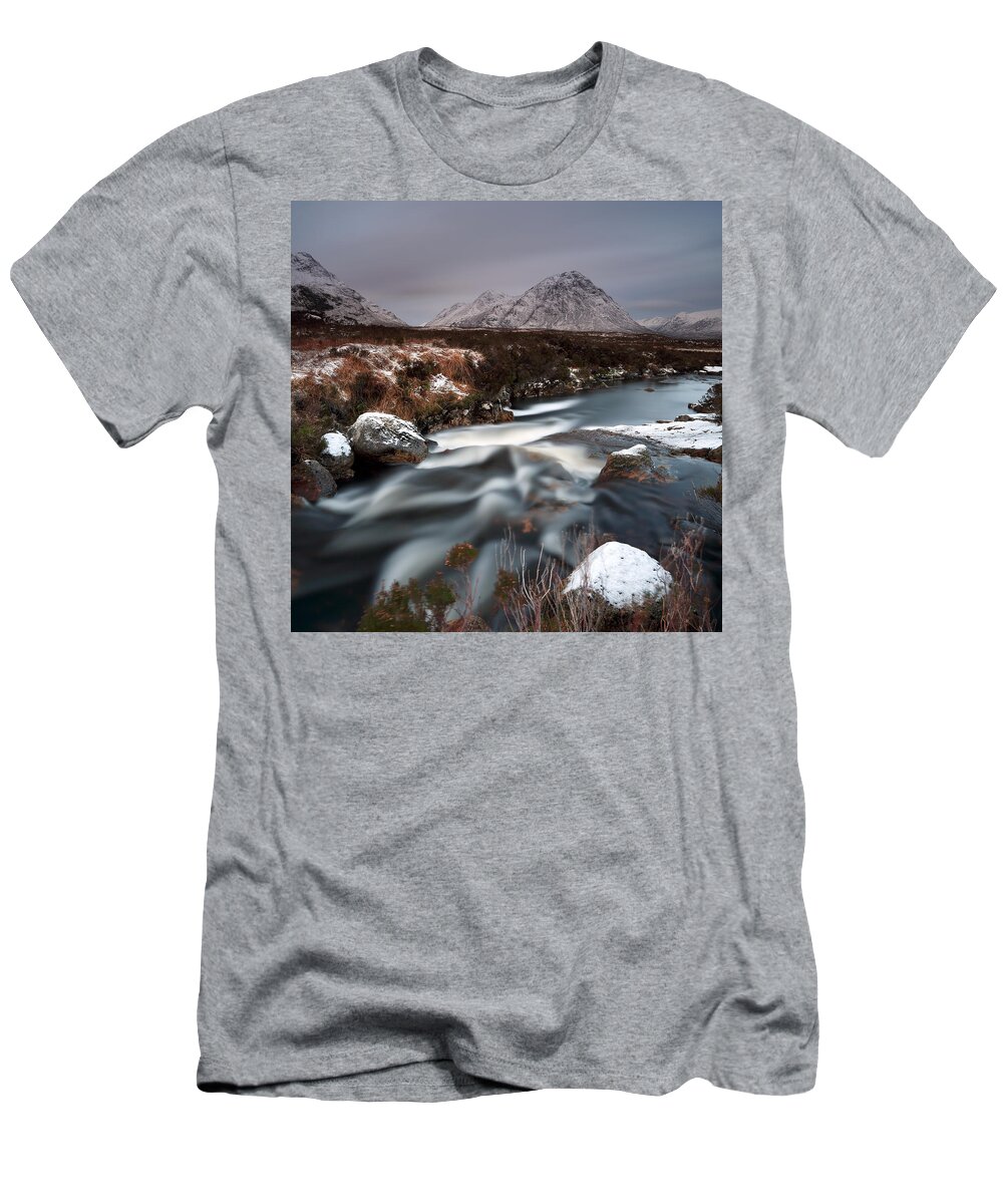 Allt Nan Giubhas T-Shirt featuring the photograph Allt nan Giubhas and the peak of Stob Dearg by Maria Gaellman