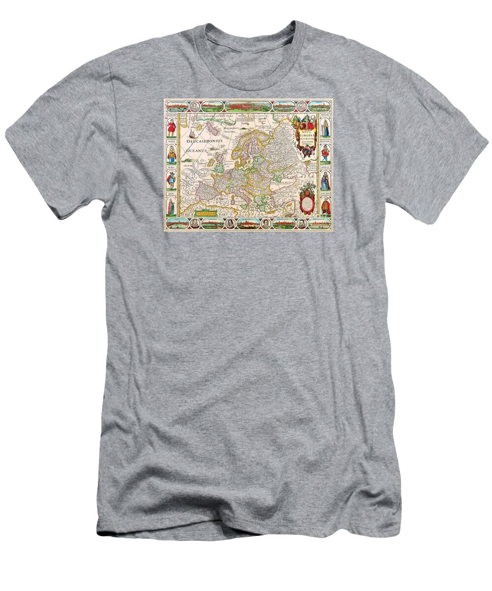 Antique T-Shirt featuring the painting Antique Maps of the World Map of Europe Nicolas Visscher c 1658 by Vintage Collectables