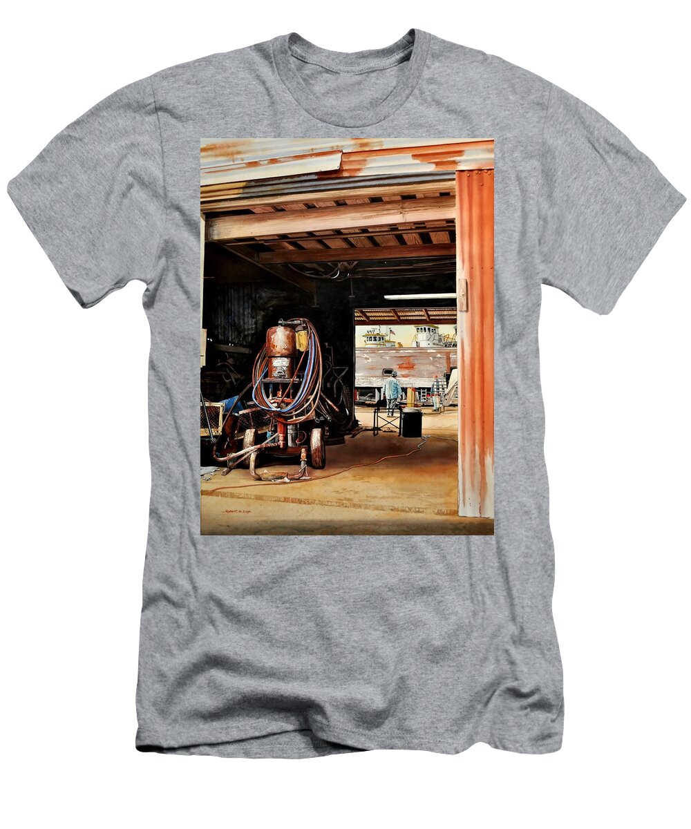 Watercolor T-Shirt featuring the painting Aransas Pass Boatyard by Robert W Cook