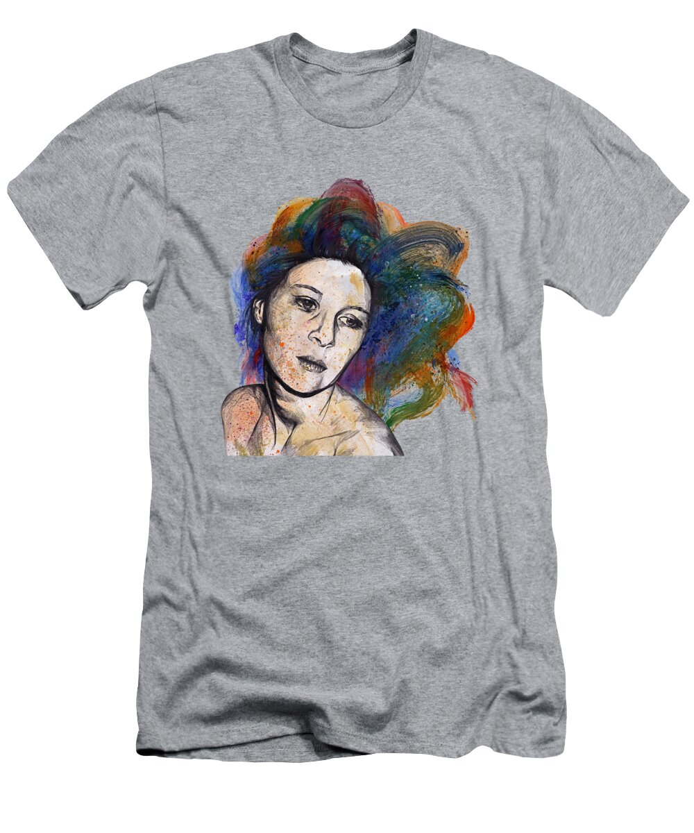 Rainbow T-Shirt featuring the drawing Crystal - street art female portrait with rainbow hair by Marco Paludet