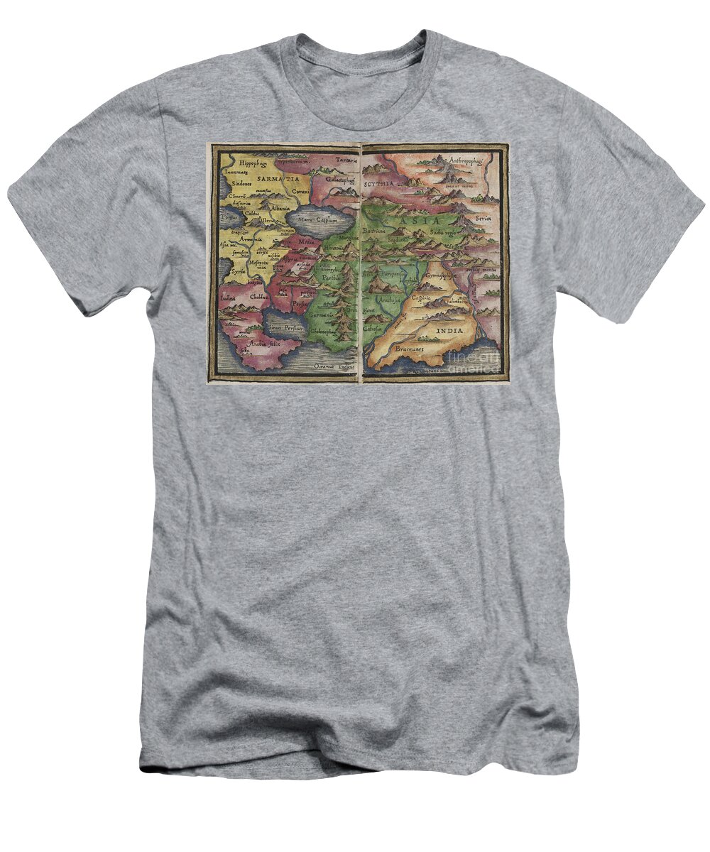 Images T-Shirt featuring the photograph Asia map by Johannes Honter 1542 by Rick Bures